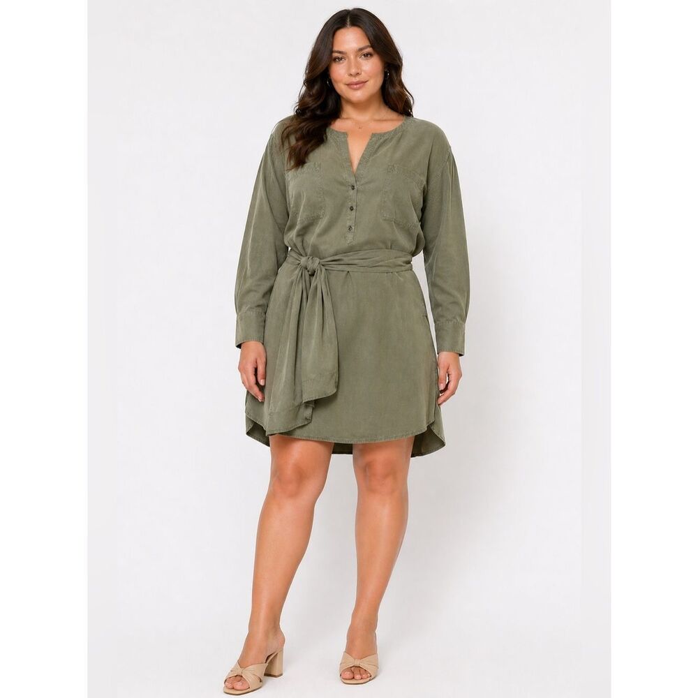 Kenneth Cole Toe Waist Vented Shirt Dress Olive Green XL